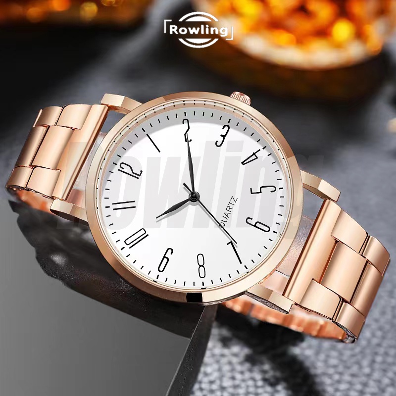 Rowling (Jam- 75) Jam Tangan Quartz Luminous Strap Stainless Steel Warna Rosegold Casual Fashion Untuk Pria Import