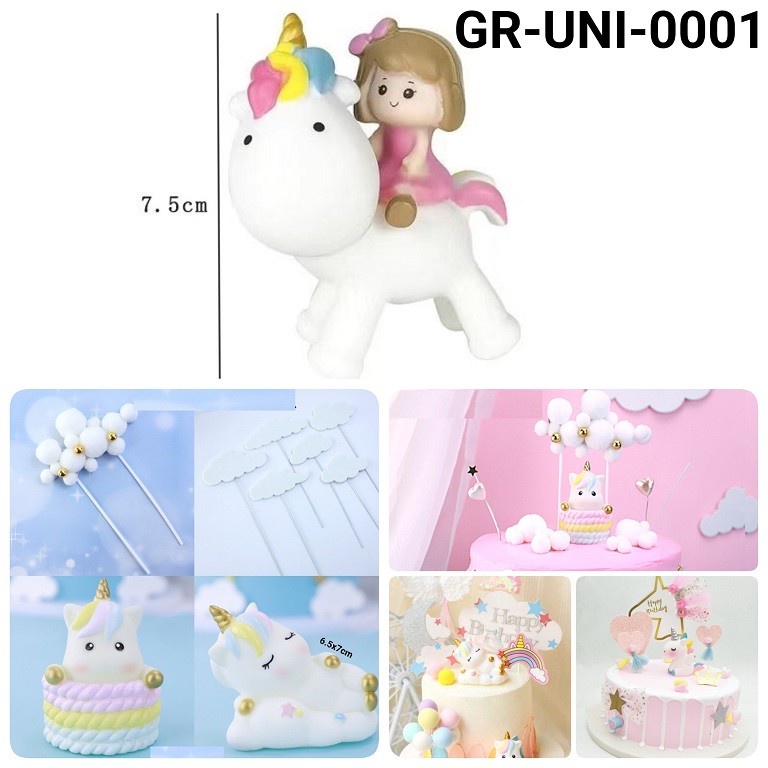 GR-UNI-0002 Cake topper figurine hiasan kue kuda unicorn awan anak girl