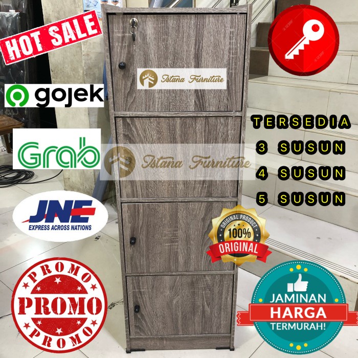 Lemari Rak Buku Serbaguna Loker Dokumen Kantor Kayu 4 Susun + Kunci