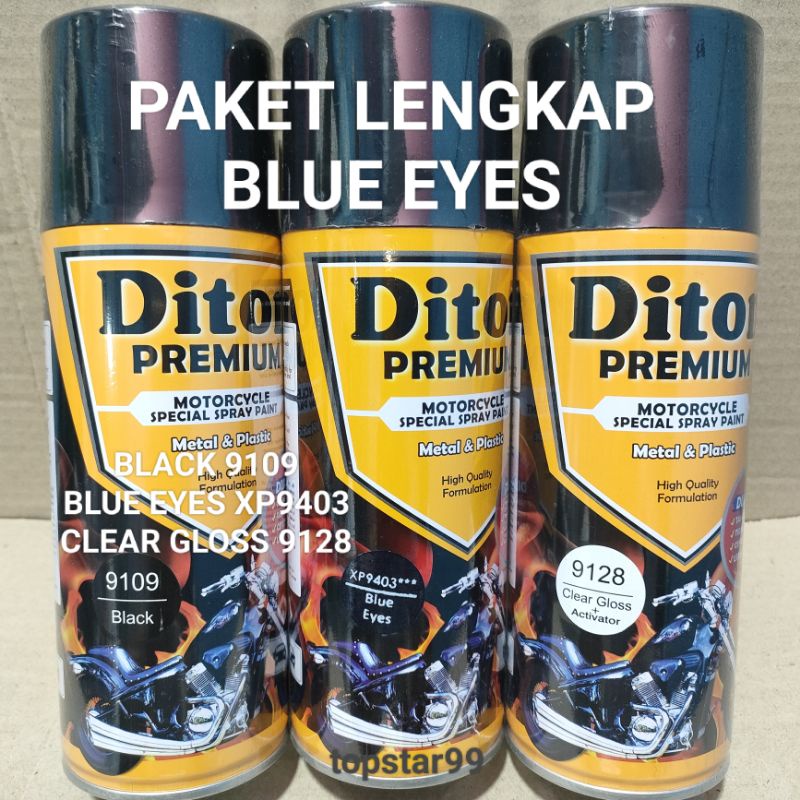 Pilok Cat Diton Premium Paket Lengkap 3 Kaleng Blue Eyes XP9403 Xirallic Xiralic Biru Black 9109 Clear Gloss 9128 400cc Pilok Paketan Cat Semprot Special Spray Paint
