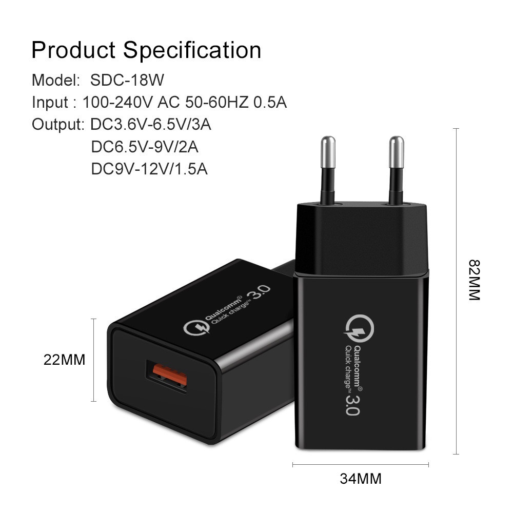 Adapter Charger Dinding USB QC3.0 18W 3A Fast Charging Untuk Android / iOS