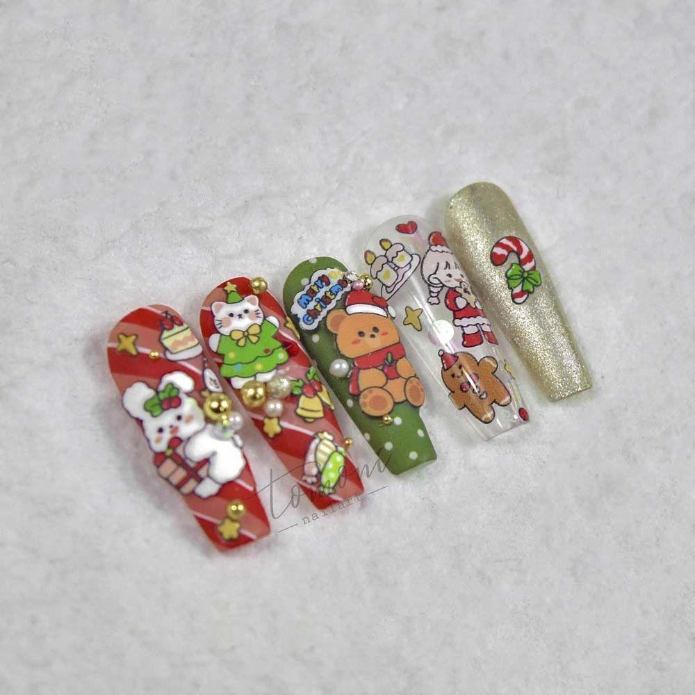 AUGUSTINA Agustina Natal Stiker Kuku Cinta Hati Tahun Baru Nail Art Manicure Aksesoris Santa Claus Snowman Bears Nail Art Dekorasi