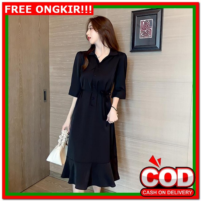Agnes Black Mini Dress - Baju Dres Brukat Polos Wanita Remaja Formal Kondangan Wedding Casual Dress 