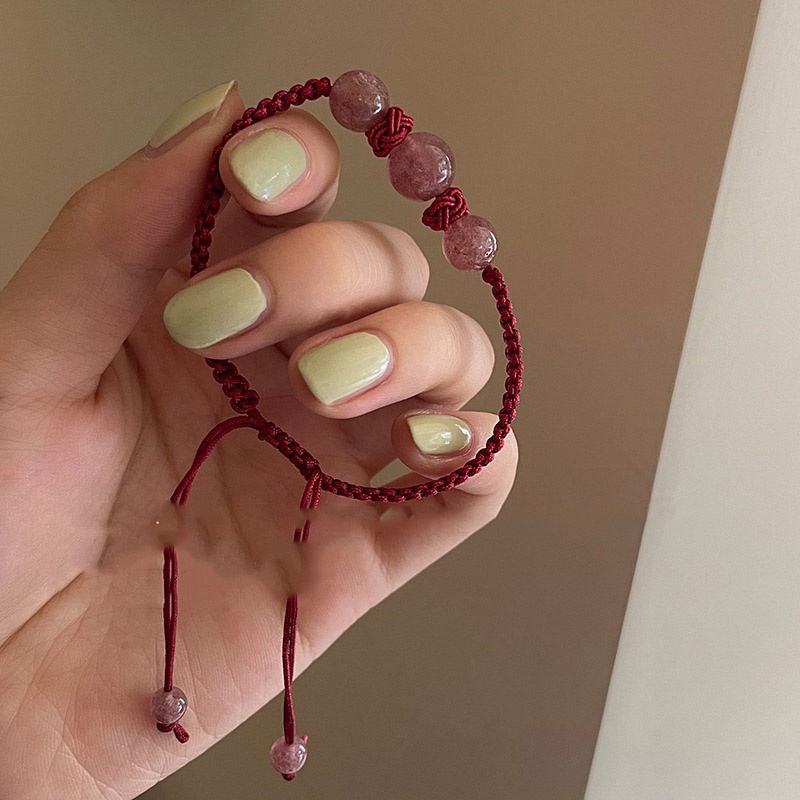 Gelang Tali Kepang Dengan Charm Bunga Kristal Strawberry Untuk Wanita