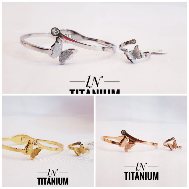 Set Gelang Cincin Titanium Kupu Kupu Aksesoris Wanita Awet Anti Karat 1112d