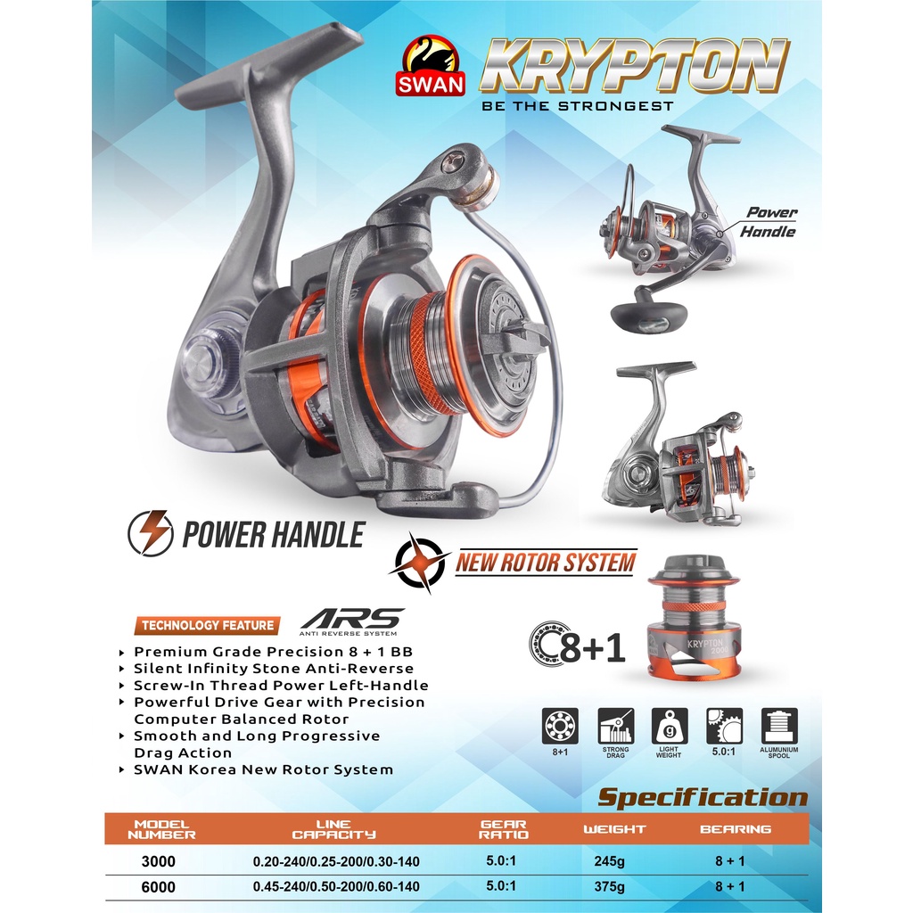 REEL PANCING SWAN KRYPTON SERIES 3000, 6000, 8+1BB, POWER HANDLE, NEW ROTOR, RATIO : 5.0 : 1