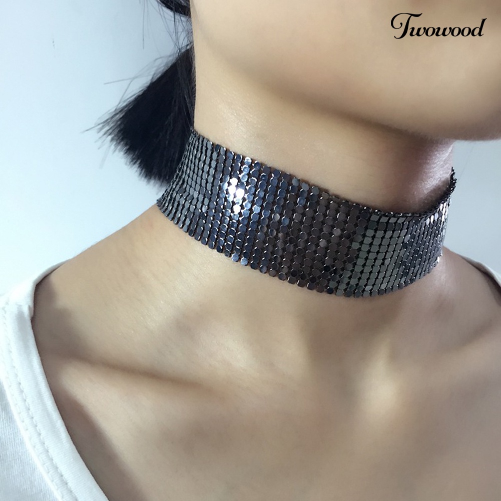 Kalung Choker Model Lebar Bahan Mesh Aksen Payet Gaya Punk Untuk Wanita