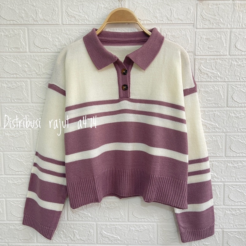 PEPONI Sweater Rajut Oversize Kerah Polo Kancing Stripe Premium Korean