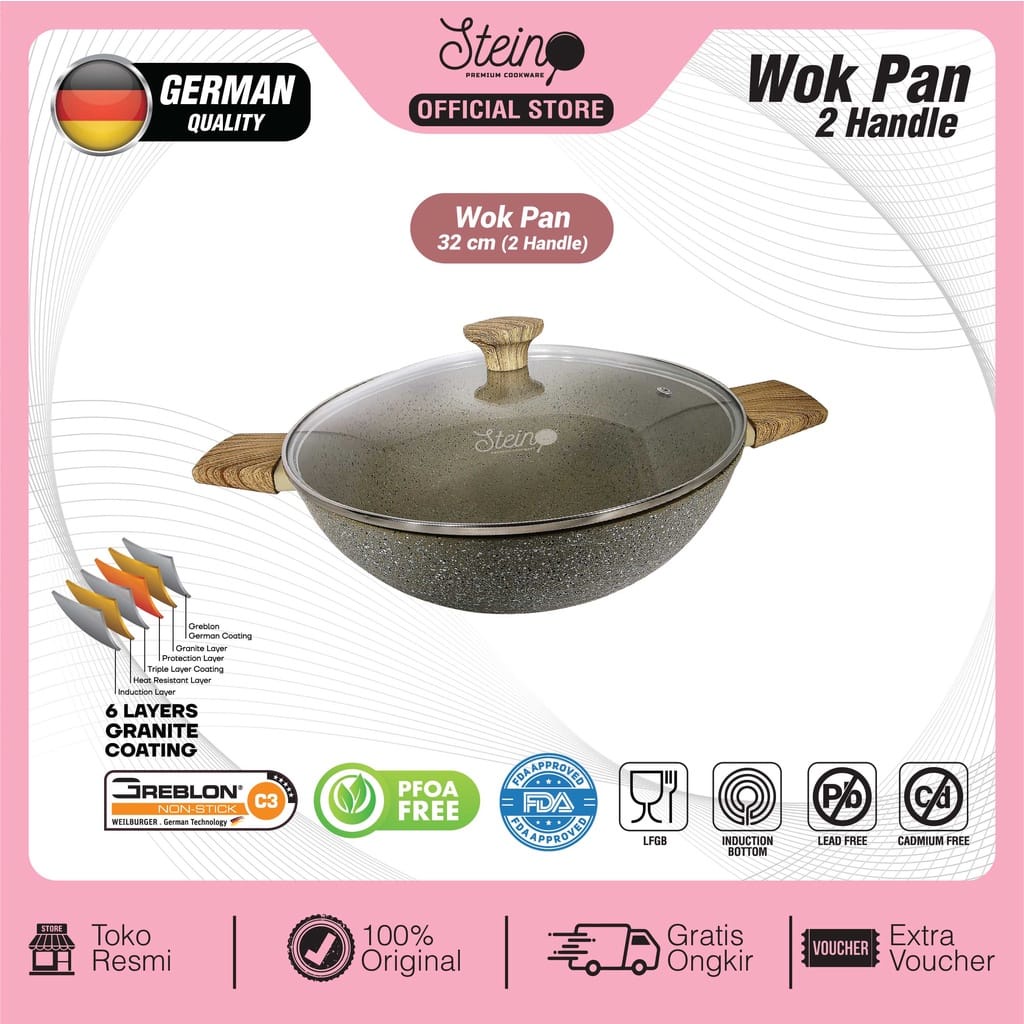 STEIN Wok Pan (6 Layer Granite German Greblon)- 30cm & WOK PAN STEIN 32 CM ANTI LENGKET GRANITE SERI