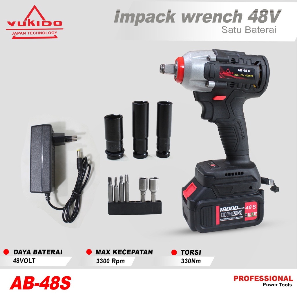 YUKIDO CORDLESS IMPACT WRENCH BRUSHLESS 330N.M IMPACT BATERAI 48V ALAT BUKA BAUTB MOTOR DAN MOBIL