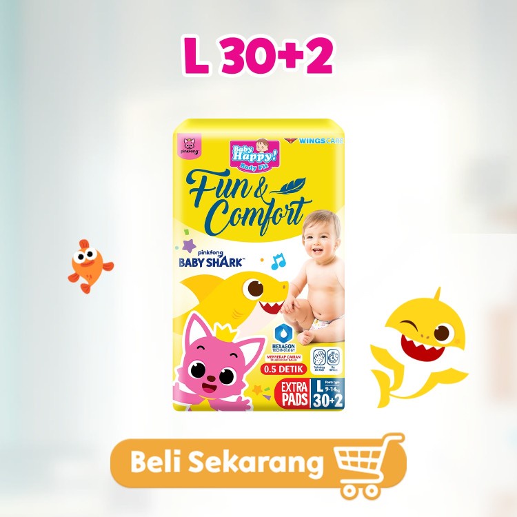 Baby Happy Pants M 34 +2/ L 30+2  Baby Happy Pinkfong / Baby Happy Babyshark / baby happy fun and comfort