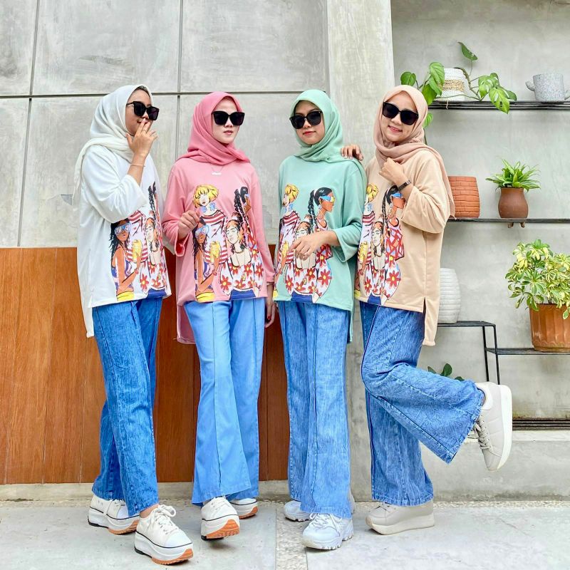 Fashion Girls Set, SETELAN KAOS &amp; JEANS KULOT WANUTA FIT XXL TERMURAH OOTD MODIS