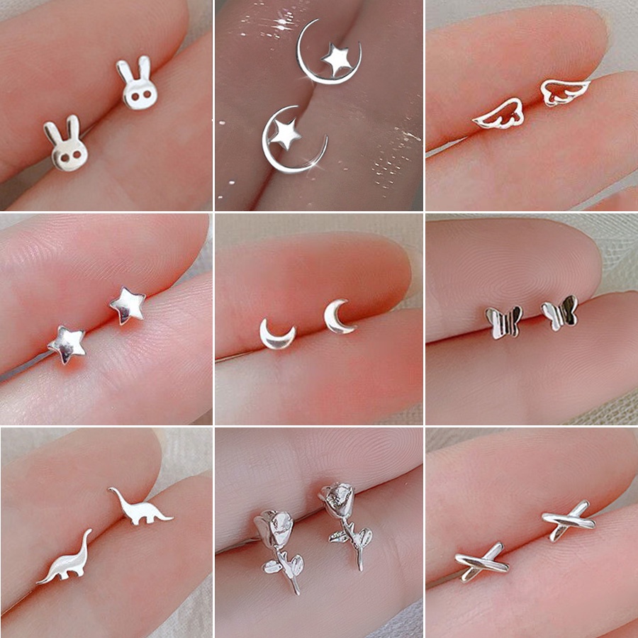 Anting Stud Silver Needle S925 Bentuk Bintang Bulan Dan Kupu-Kupu Kecil Gaya Korea Untuk Wanita