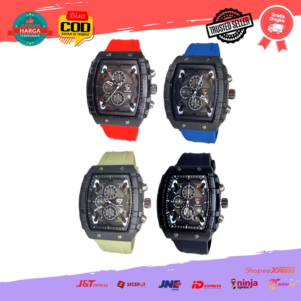 [COD] Jam Tangan Sport Analog Pria Leopard6842 Case Segi Strap Tali Rubber Tanggal Aktif Chrono Variasi Elegan