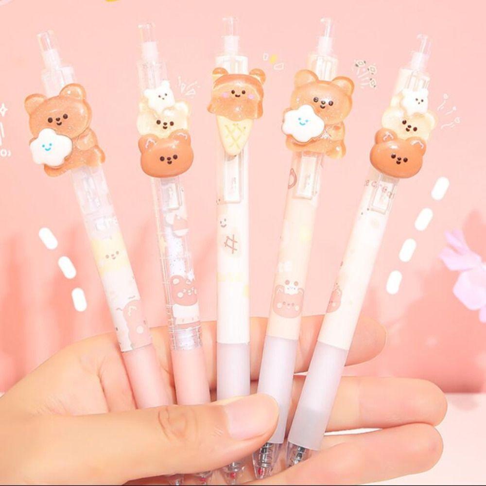 R-flower 4PCS/Set Press Pena Netral Kualitas Tinggi 0.5mm Sekolah Kantor Alat Tulis Kartun Beruang Soft Grip Gel Pen