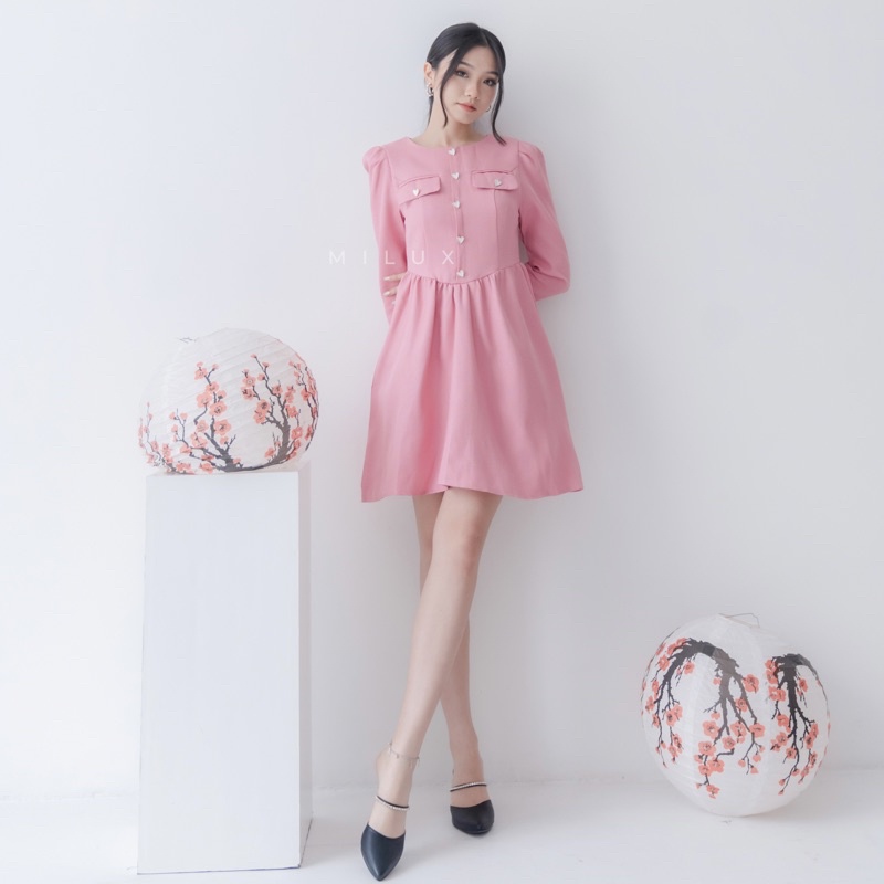 DRESS IMPORT WANITA TERUSAN 1 ONE SET LONG SLEEVE PINK LOVE IMLEK MX557