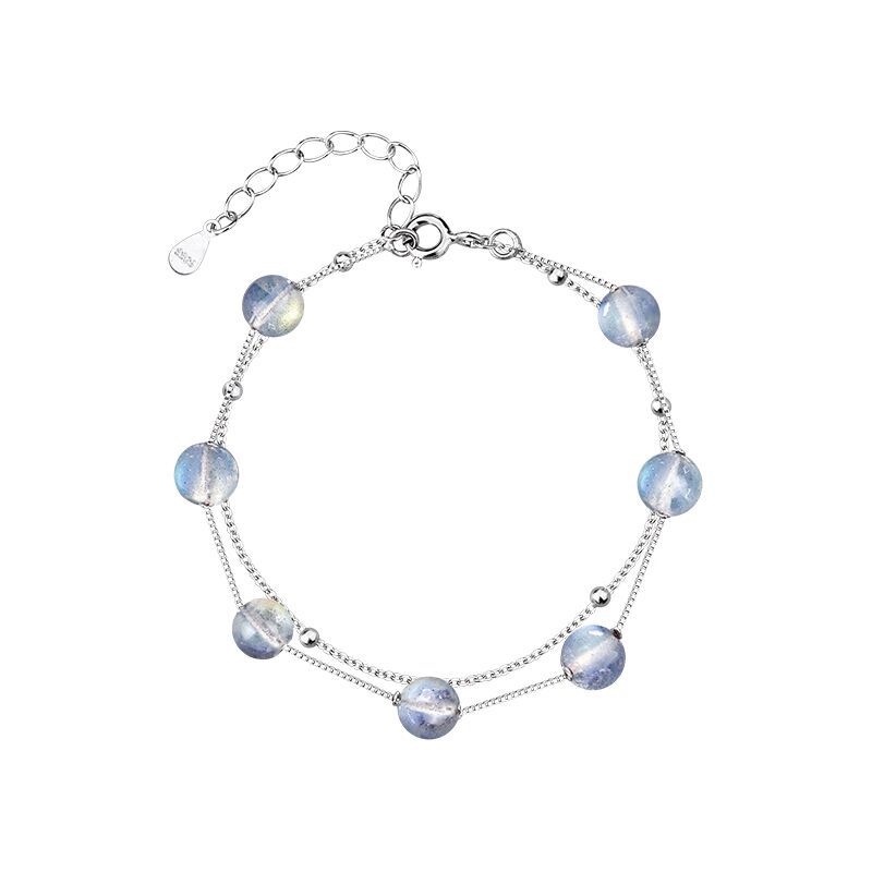 Gelang Silver 925 Hias Batu Bulan Ganda Kristal Biru Alami Gaya Korea Untuk Perempuan