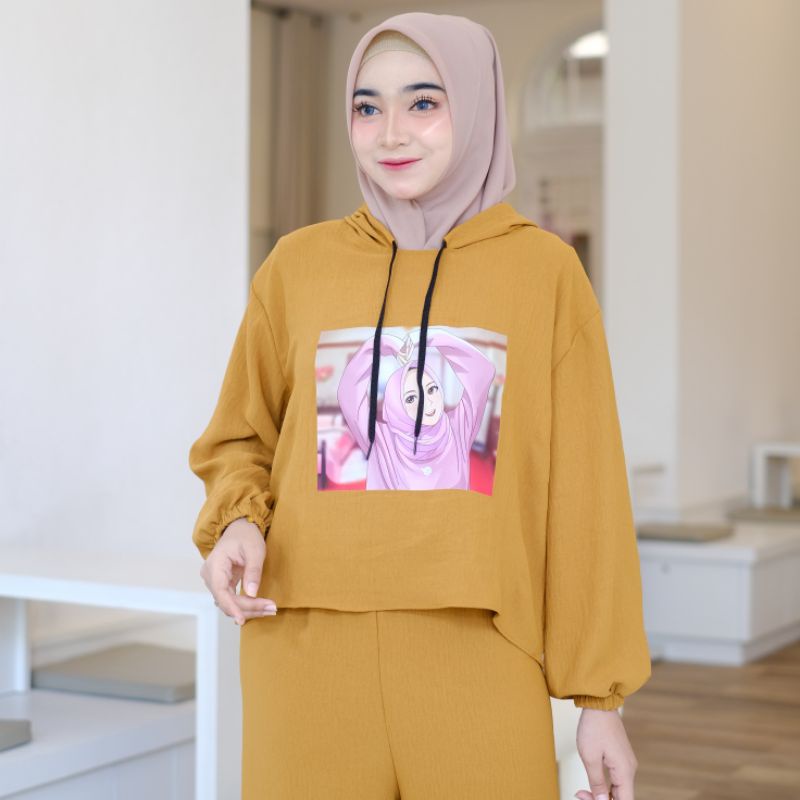 SETELAN WANITA HOODIE CRINKLE AIRFLOW LD 115 ONE SET PIYAMA VIRAL TERBARU