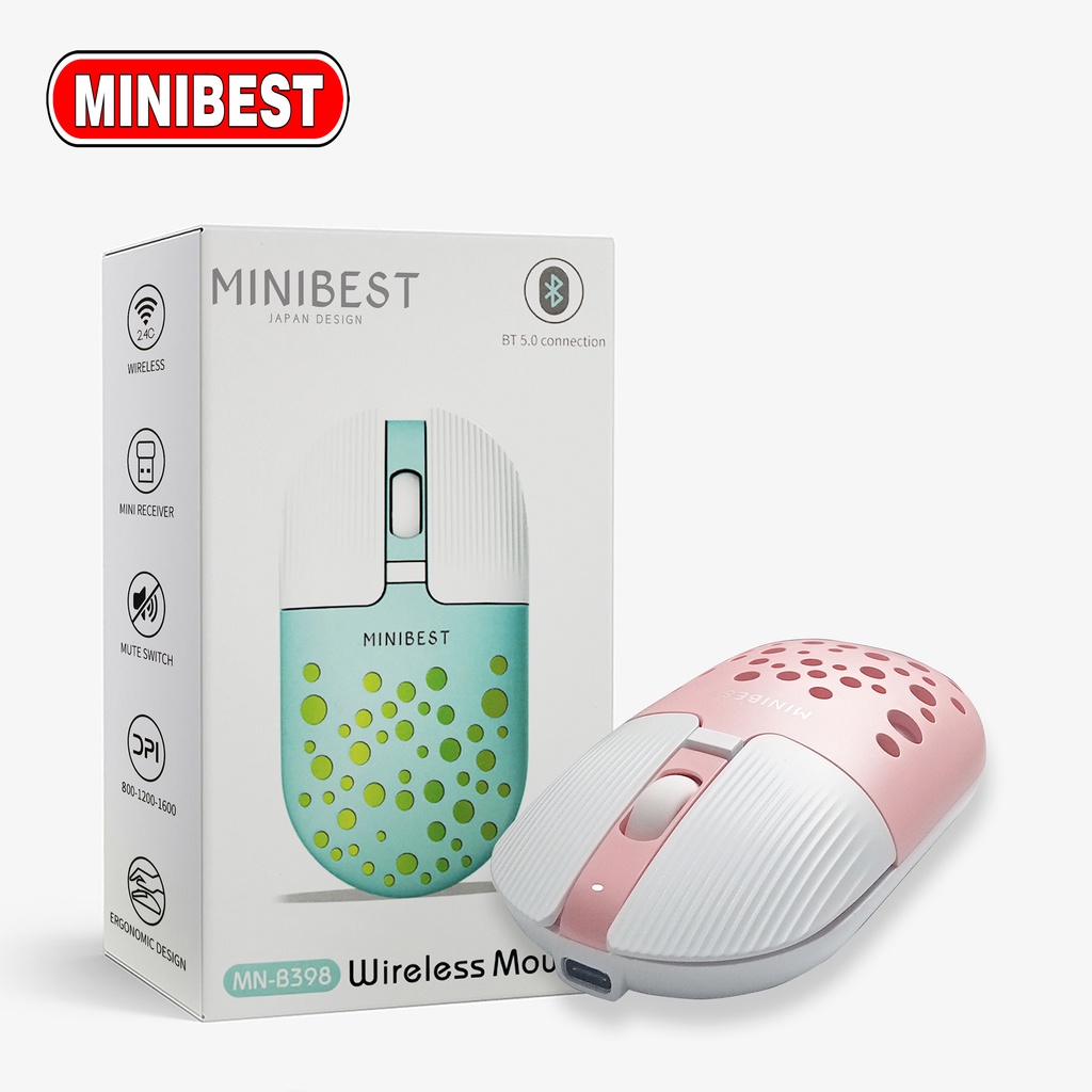 [MB] MN-B398 Pink Mouse Wireless Bluetooth 1600DPI dengan Receiver USB untuk PC Laptop