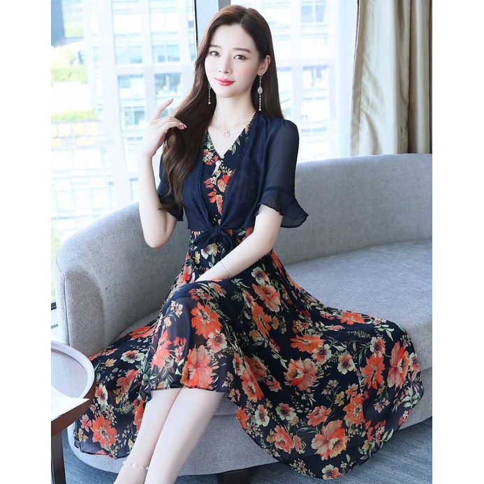 Set dress wanita chiffon motif bunga dress dan cardigan hitam cantik elegant baju wanita import baju