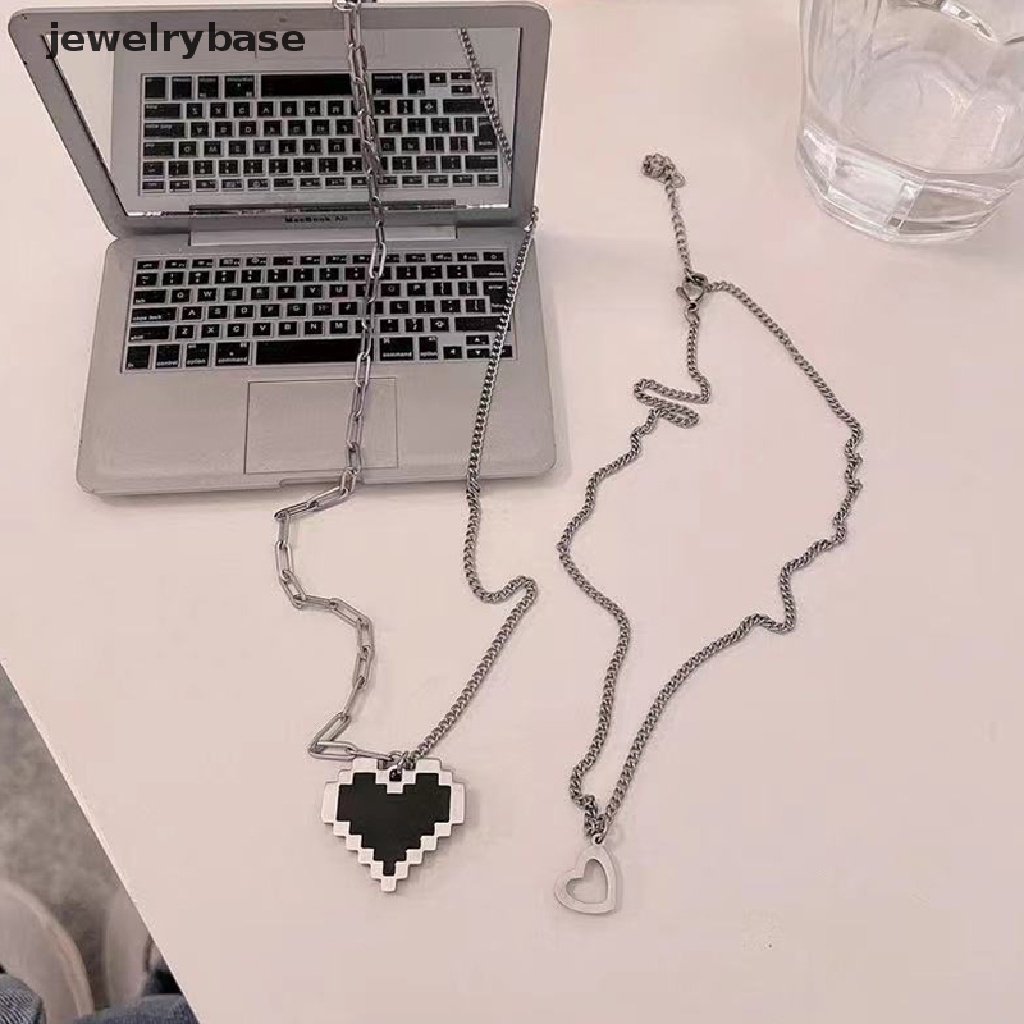 Kalung Rantai Panjang double Layer Liontin Hati Mosaik Warna Hitam Gaya Gothic Hip-Hop Untuk Pria Dan Wanita