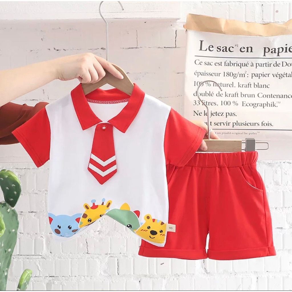 SETELAN TRENDY BAJU POLO DASI BAYI ANAK MOTIF ANIMALS USIA 6 BULAN-5 TAHUN KATUN PREMIUM BEST QUALITY TERBARU TERLARIS/ SETELAN TRENDY BAJU POLO DASI BAYI ANAK LAKI-LAKI/ SETELAN TRENDY BAJU POLO DASI BAYI ANAK PEREMPUAN/ FASHION BAJU POLO ANAK COWOK
