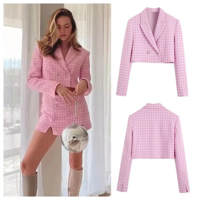 Pink Houndstooth Tweed Blazer / Crop Blazer Wanita Storaadina