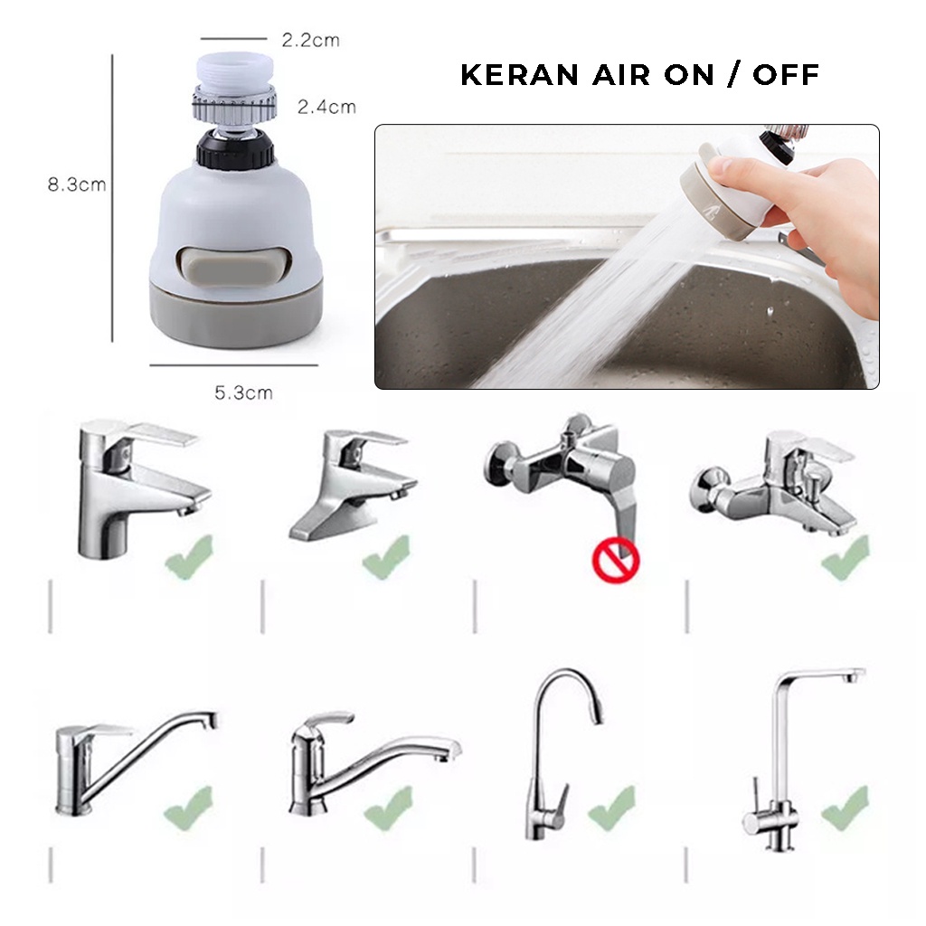 Sambungan Kran Air Keran Shower Switch Tombol ON OFF Faucet Putar 360 Derajat Alat Penyambung Ujung Kepala Kran Tempat Cuci Piring Tangan di Wastafel Dapur | GROSIRXPRESS