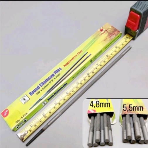 (1 KOTAK ISI 6 BIJI) - Kikir Chainsaw THREEFILE 200mm 20cm 4,8 mm 5,5 mm -Kikir India JK JAYKAY Round Chainsaw Files 3/16 7/32 in