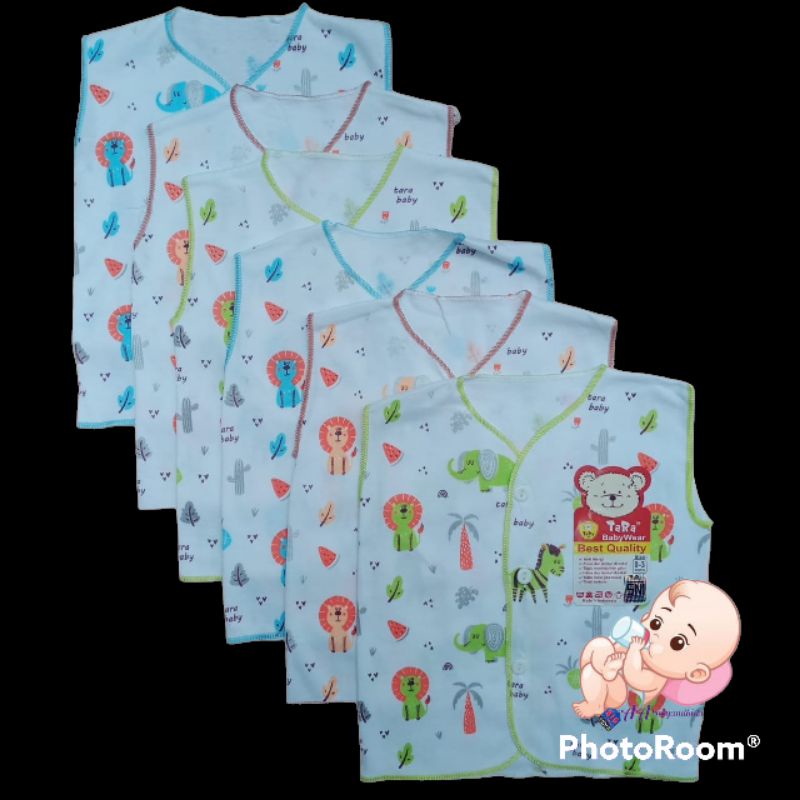 Tara 6C Baju Bayi Lengan Kutung Full Printing Dasar Putih Ukuran Newborn SNI Nyaman Murah Berkualitas