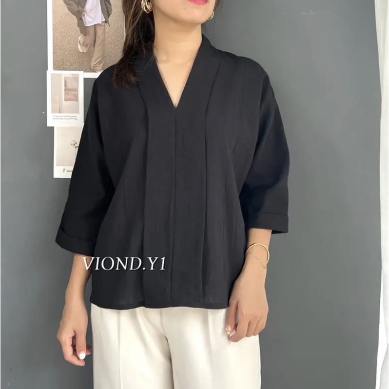 Blouse Korea V Neck Casual / Blouse Wanita Kringkel Linen E12