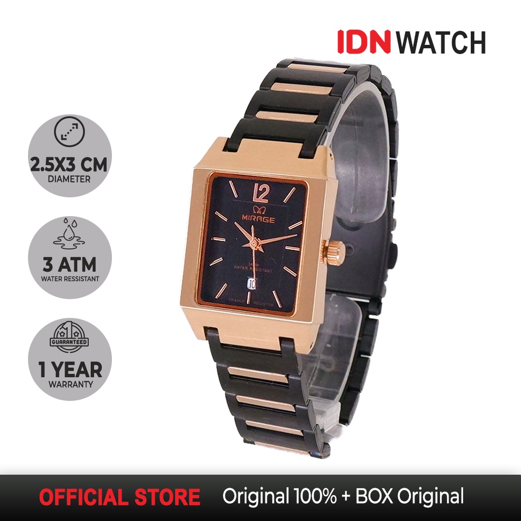 Jam Tangan Mirage Wanita Analog Stainless Hitam List Rosegold 8756 L Original Water Resist Garansi