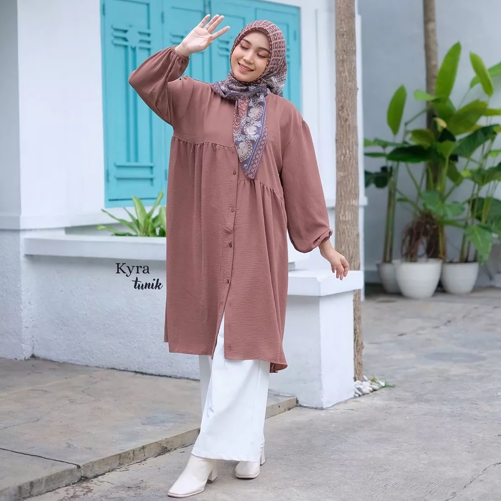 TUNIK CRINKLE AIRFLOW PUTIH POLOS KYRA CHARISSA CARISA RUFFLE PREMIUM JUMBO FULL KANCING