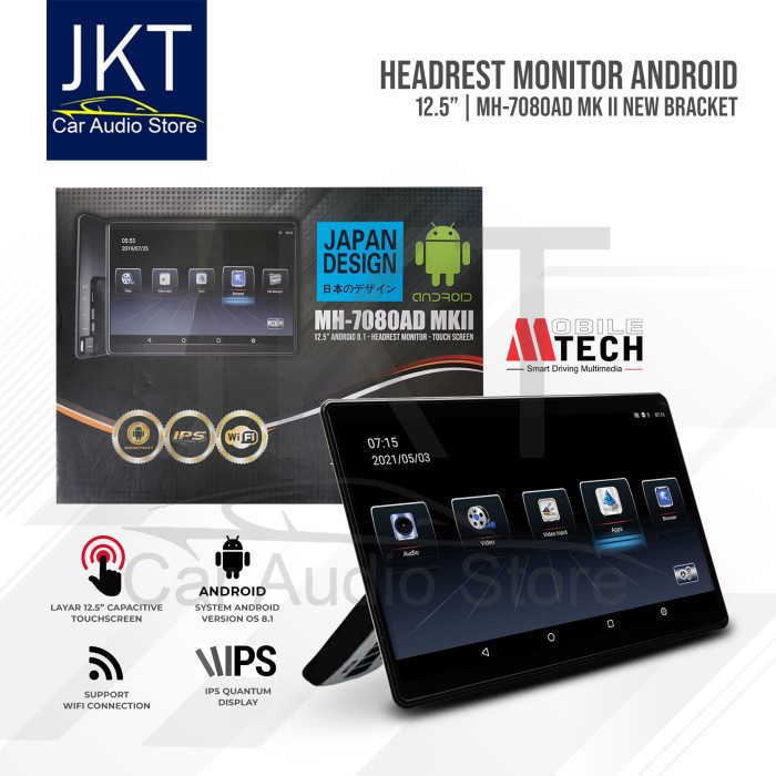 Headrest Video Tv Mobil Android Clip On 12.5 inch MTECH 7080 AD MK II