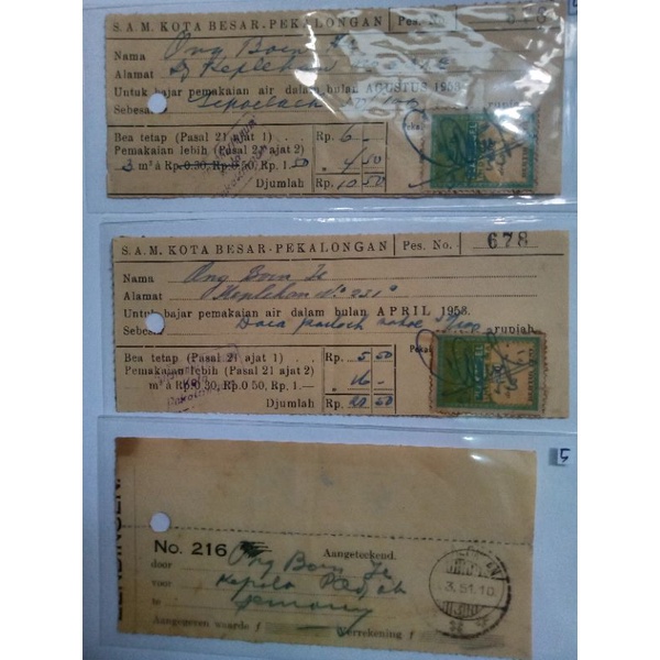 

3 Lembar Bukti Pembayaran Air Tahun 50an