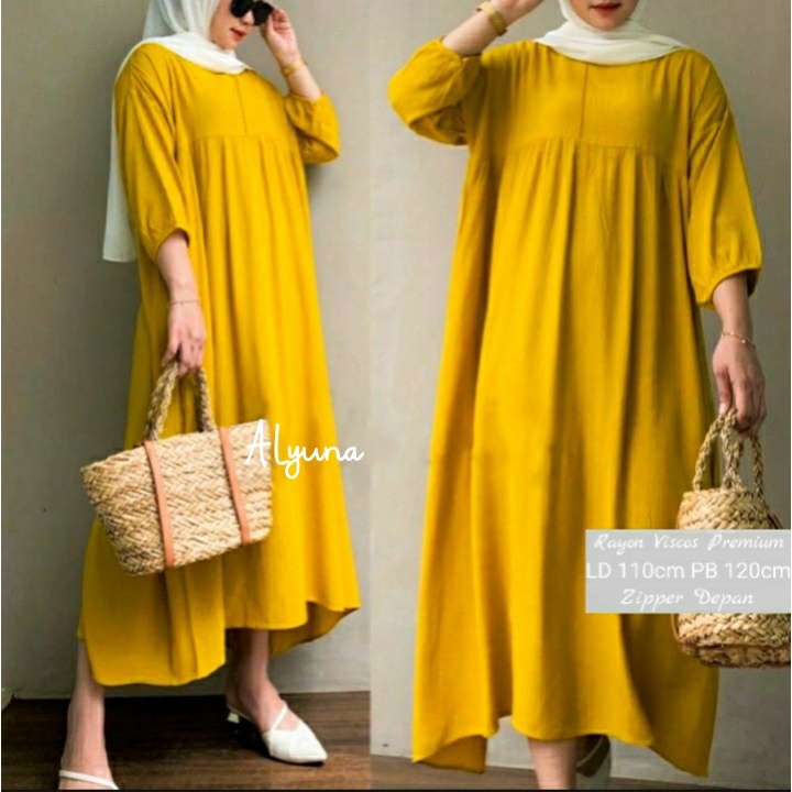 Gamis Midi Dress Polos Rayon Viscos Premium Resleting Depan Jumbo