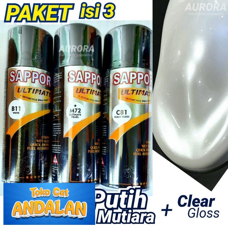 

Toko Andalan - PAKET Sapporo Ultimate Pearl M72 + White B11 + Clear C81 / Putih Mutiara Cat Semprot Pilok Pilox Pylox Saporo