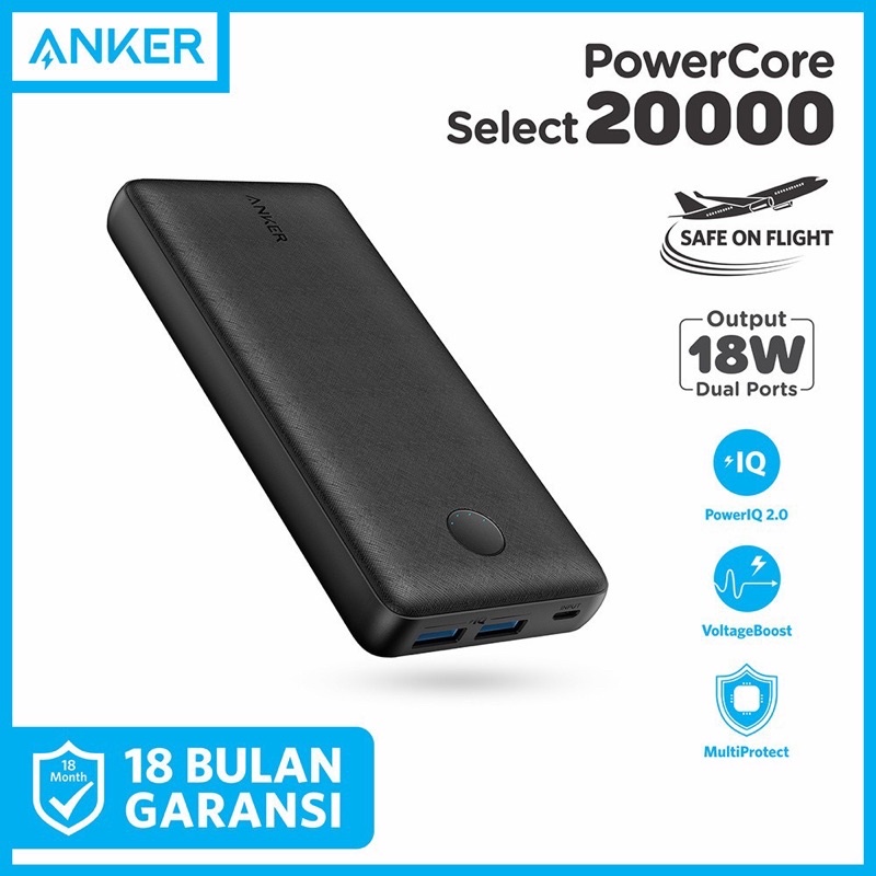 PowerBank Anker PowerCore Select 20000 mAh A1363 Dual Output Fast Charging 18W USB-A with PowerIQ & 