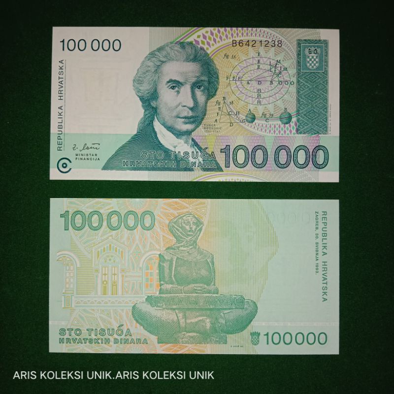 uang asing kroasia 100000 dinara kondisi unc gress