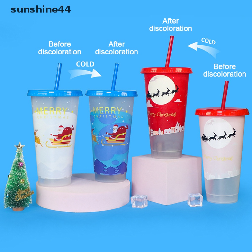 Sunshine Gelas Minum Plastik Motif Natal Dengan Sedotan Dapat Berubah Warna