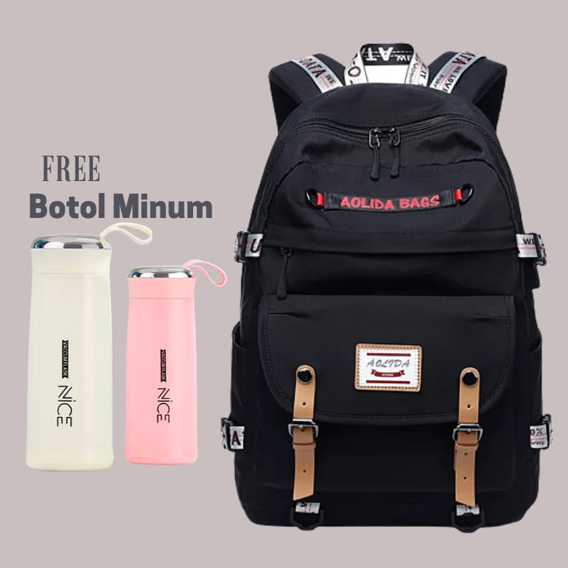 Tasmurah - AOLLIDA Ransel Backpack  Tas Sekolah Wanita / Terbaru Populer 2022 Tas Sekolah Wanita Versi Korea Ransel Siswa Sekolah Menengah Pertama Sekolah Dasar Dalam Ransel Jepang Ransel Korea Murah Tas Punggung Perempuan Dewasa Sederhana-Hitam Free Botol