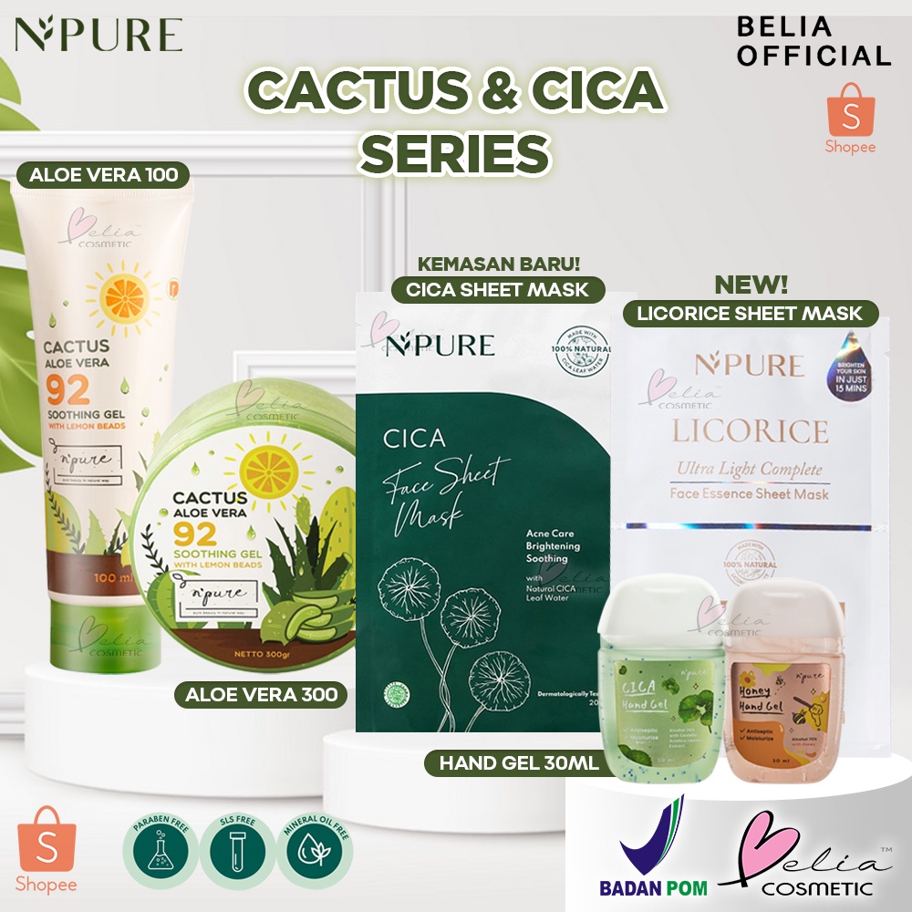 ❤ BELIA ❤ N'PURE Cactus + Cica + Licorice Series | Soothing Gel Series | Aloe Vera 100ml 300ml | Hand Gel | Sheet Mask | NPURE | BPOM