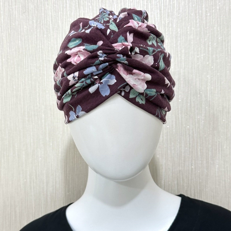 Turban Hijab Instan Instant Fashion Wanita QQinian Warna Ungu Motif Bunga Pink Biru Daun Hijau Grosi