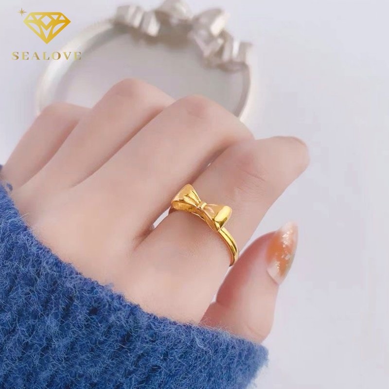 Cincin titanium wanita anti karat 18k cicin busur emas aksesoris Korea