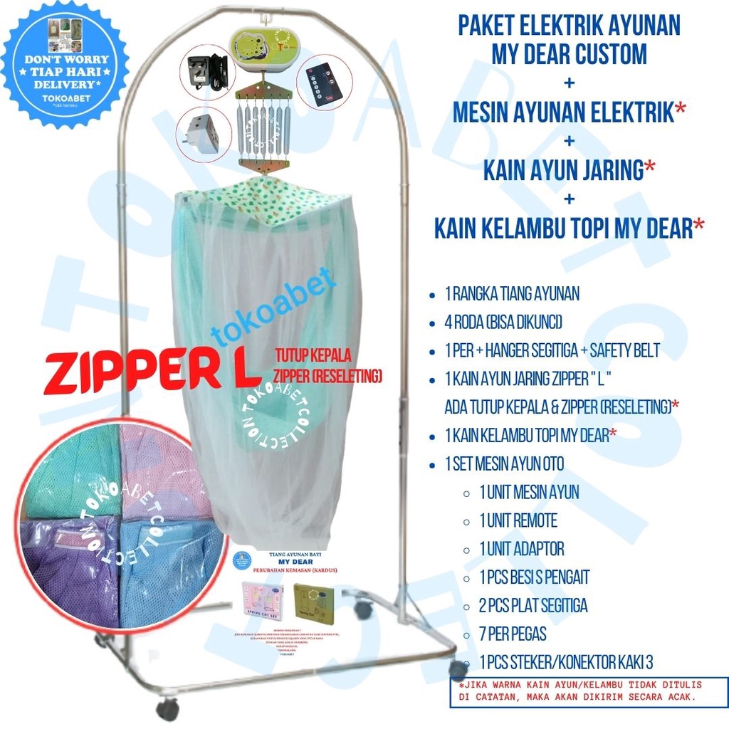 Paket Tiang Ayunan Elektrik  Kain Jaring dan Kelambu Topi Mesin Ayun OTO Tiang MY DEAR Chrome Stainless sebagai Perlengkapan Tidur Bayi sesuai Kebutuhan Baby TOKOABET