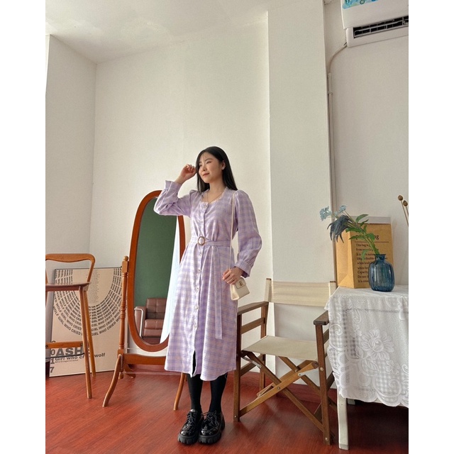 KANON - Lucy Flannel Dress with Belt - Dress midi flannel motif kotak-kotak design vintage korean look