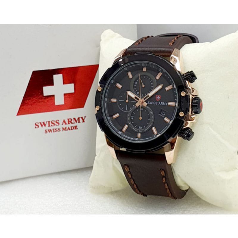 Jam Tangan Swiss Chrono Kulit / Jam Tangan Elegan Tanggal Aktif / Fashion Jam Tangan Army / Include 