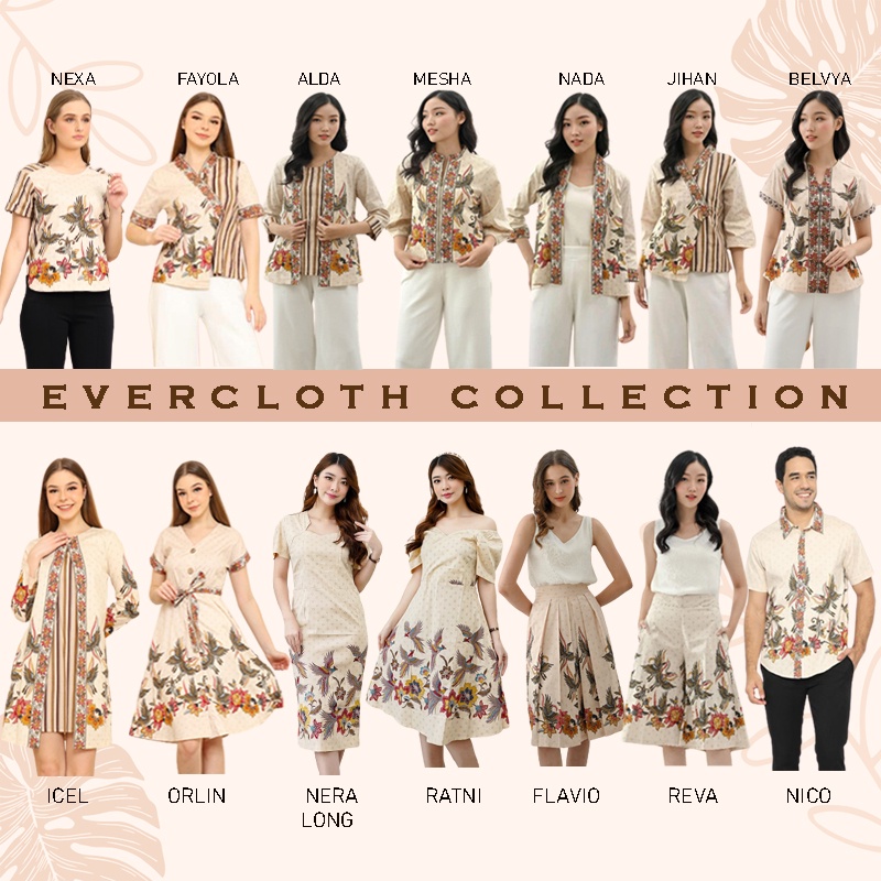 Evercloth Ratni Dress Batik Wanita Sabrina Dress Wanita Batik Modern Gaun Pesta Aline Terusan Kebaya Seragam Batik Couple Set Family Sarimbit Biru Dongker Cream Burung