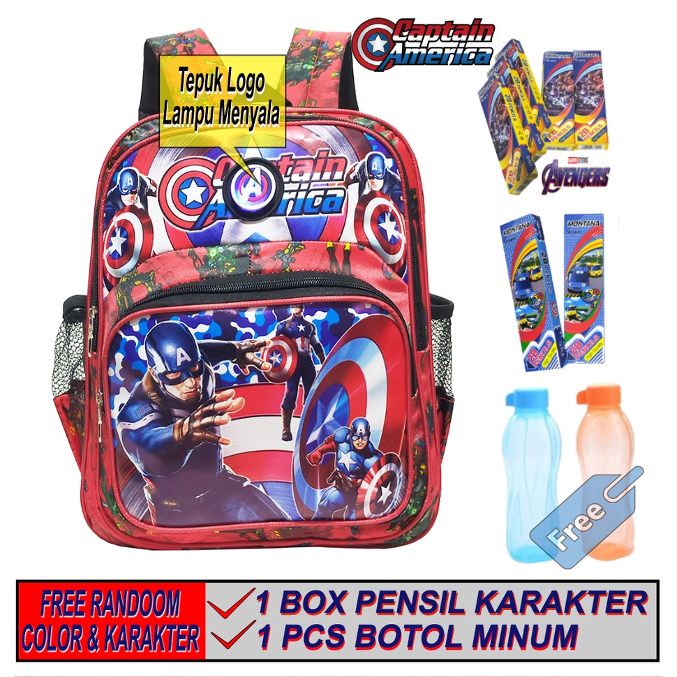 Tas Ransel Anak Laki laki Paud / Tk Led Lampu Nyala karakter CAPTAIN AMERICA FREE BOTOL