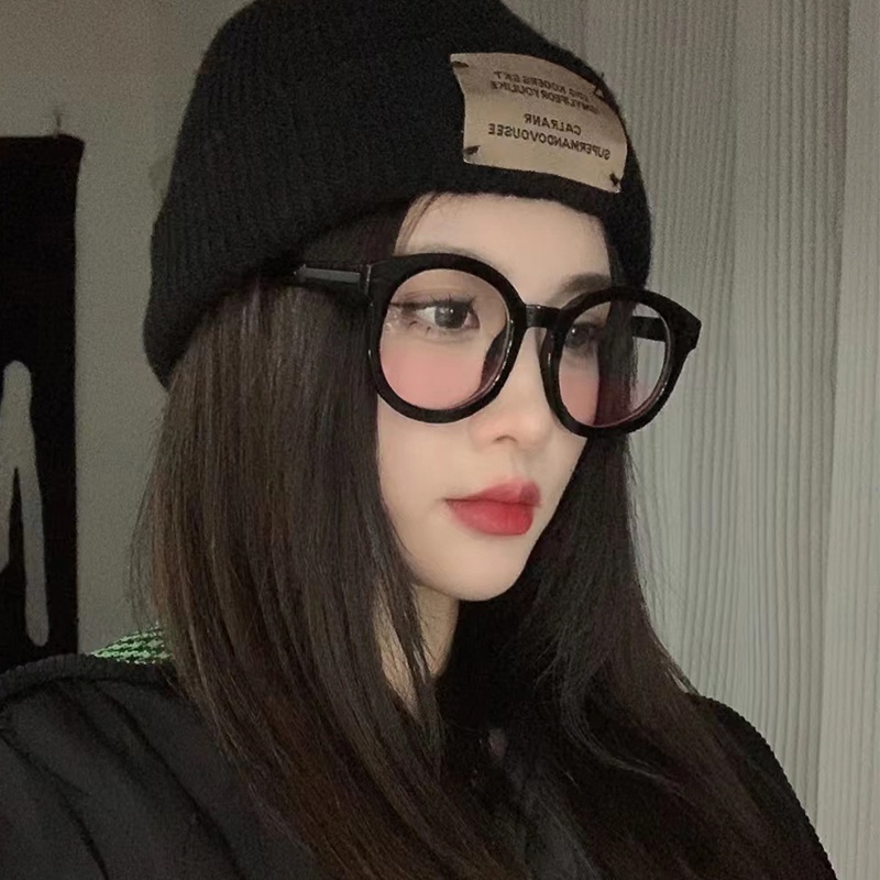 Roselife Kacamata Hitam Frame Bulat Oversized Gaya Retro Korea Untuk Wanita